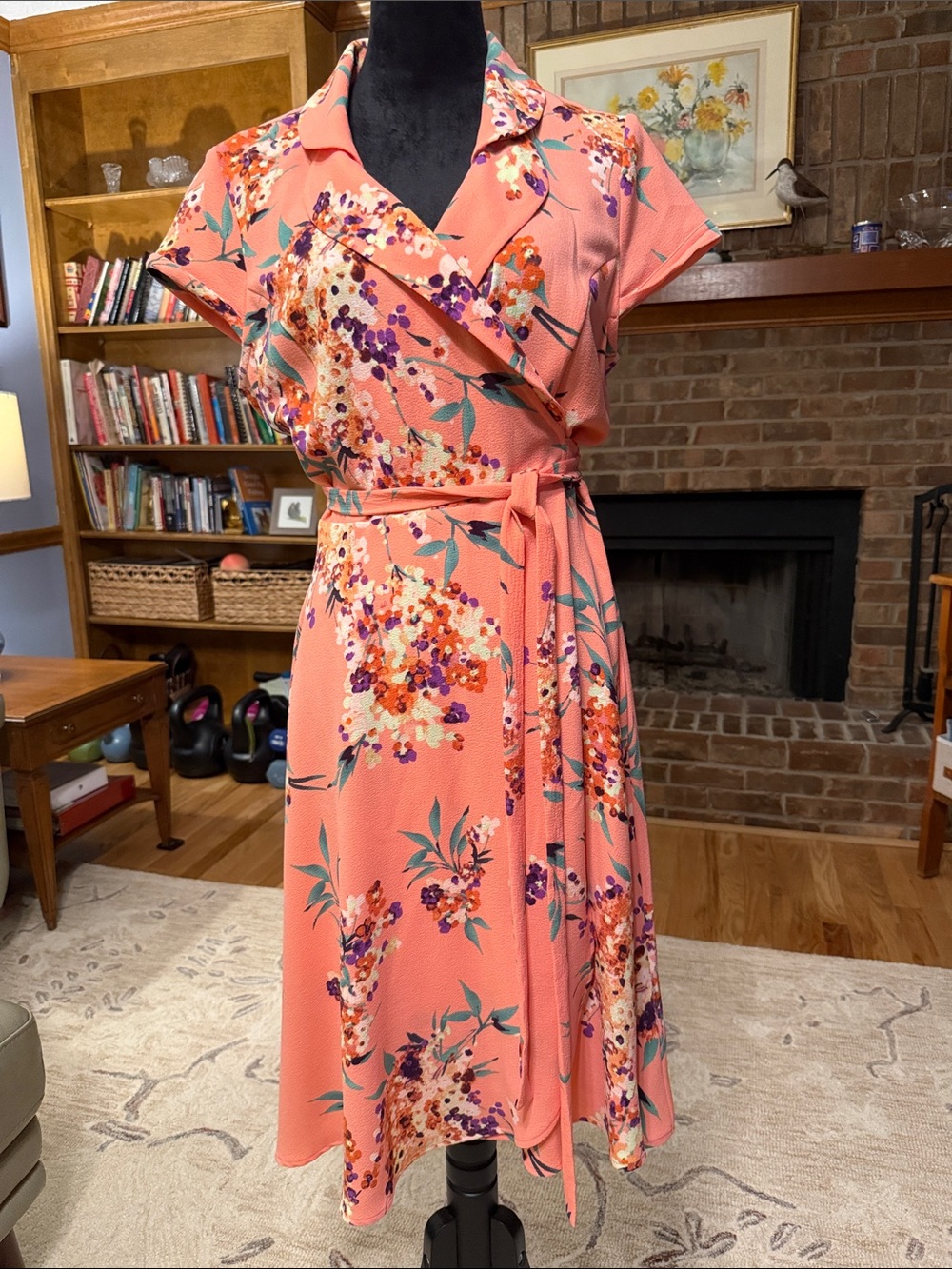 Eva Mendes Floral Wrap Dress in Coral Pink 14